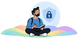 A person journaling privately, with a shield and lock.
